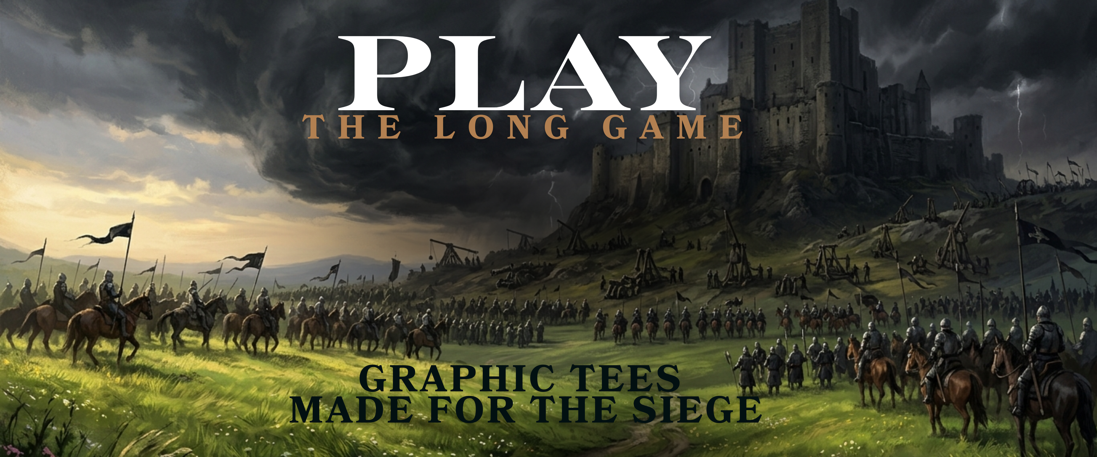 Promotional graphic for 'The Long Game' with soldiers and a castle under a stormy sky.